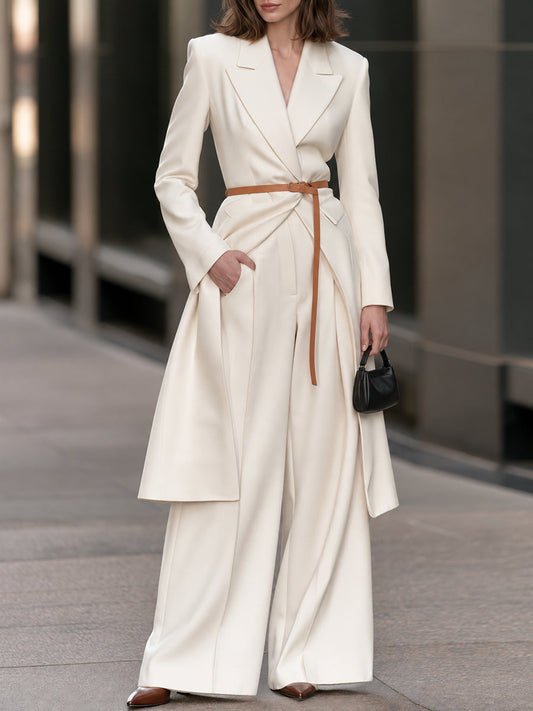 Cream Longline Tailored Wrap Coat with Structured Shoulders and Wide Lapels