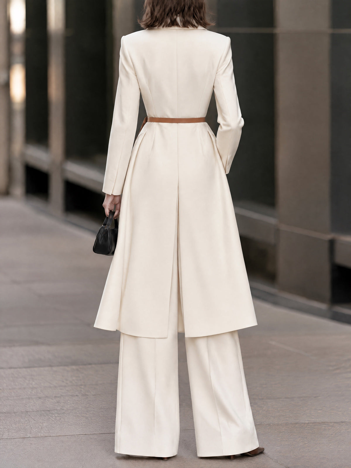 Cream Longline Tailored Wrap Coat with Structured Shoulders and Wide Lapels