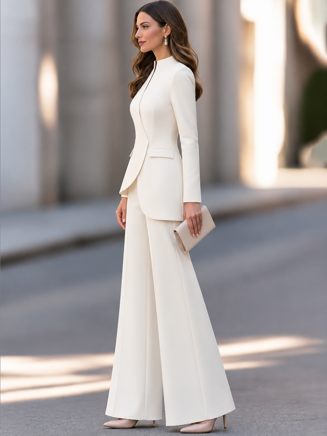 Elegant Ivory Asymmetric Blazer And Wide-Leg Trousers Set