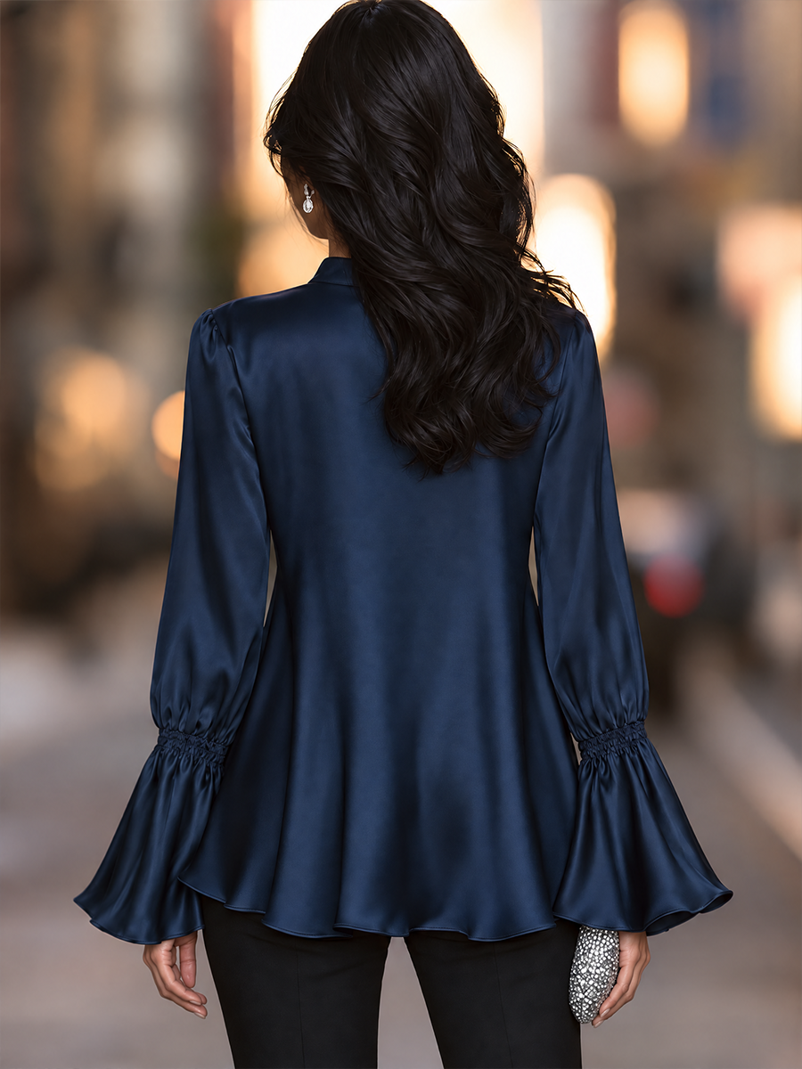Stand Collar V-Neck Tunic Top With Empire Waist And Flared Bell Sleeves