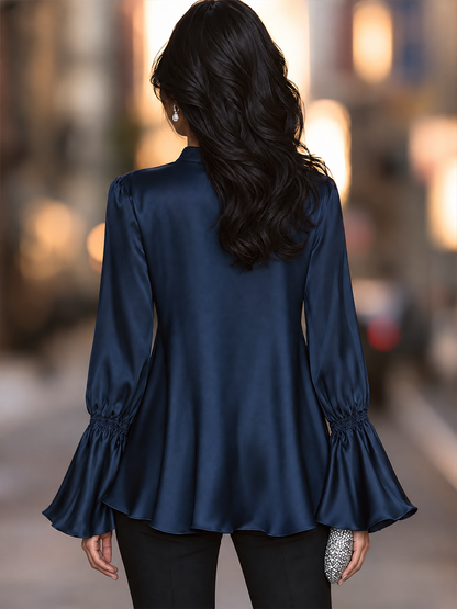 Stand Collar V-Neck Tunic Top With Empire Waist And Flared Bell Sleeves
