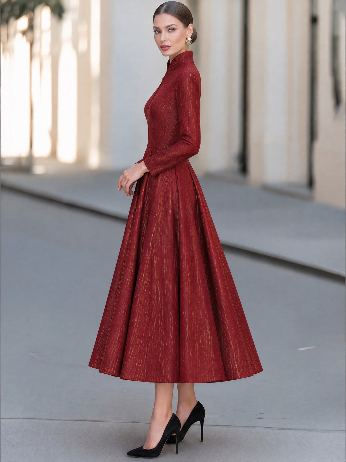 Burgundy Metallic Stripe High-Neck A-Line Midi Dress
