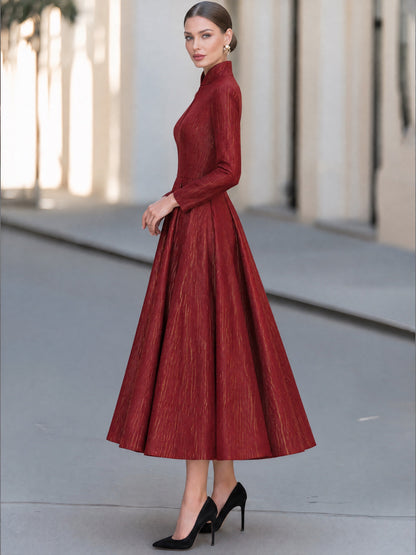 Burgundy Metallic Stripe High-Neck A-Line Midi Dress