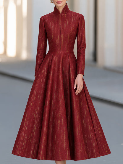 Burgundy Metallic Stripe High-Neck A-Line Midi Dress