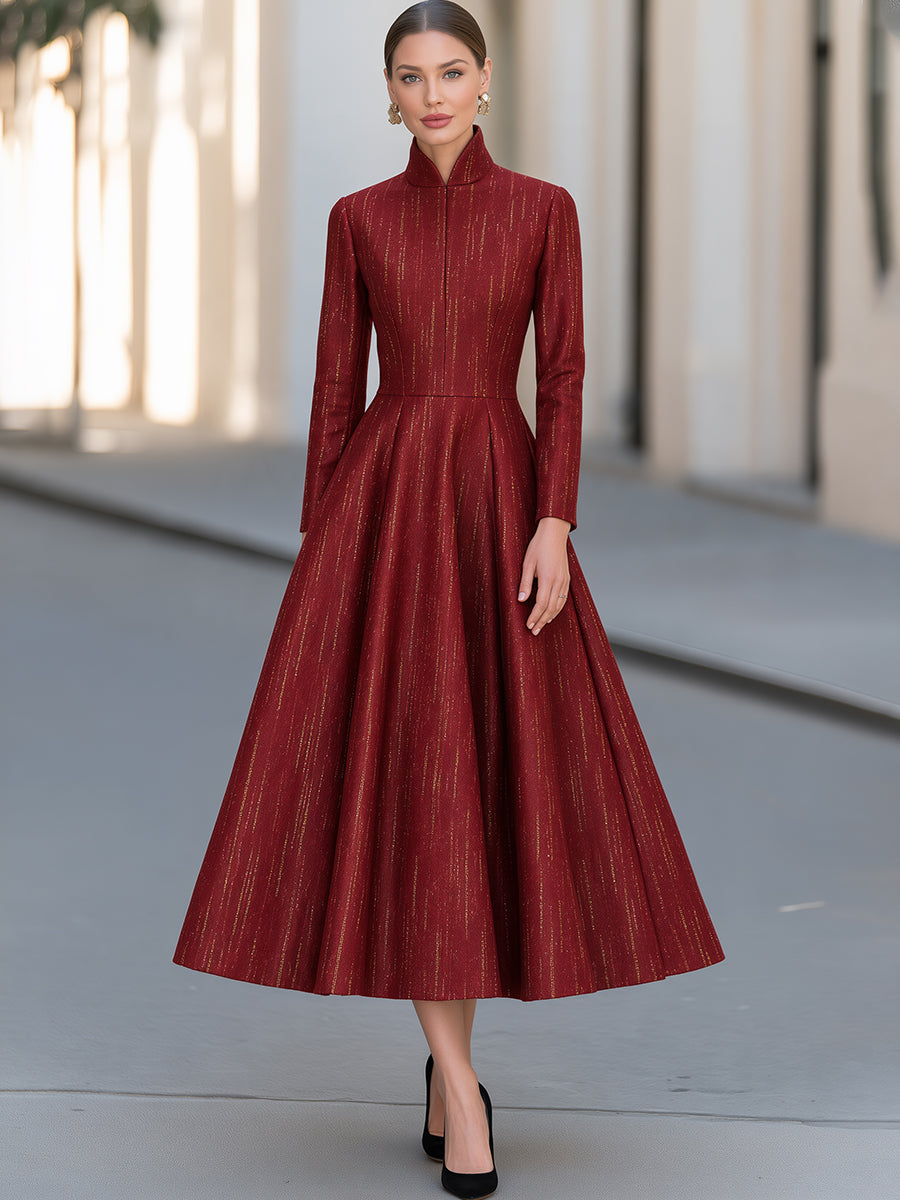 Burgundy Metallic Stripe High-Neck A-Line Midi Dress