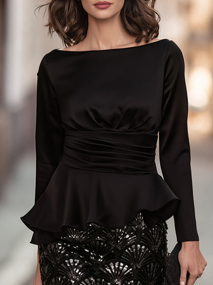 Satin Peplum Top And Sequin Fan Pattern Midi Skirt Two-Piece Set