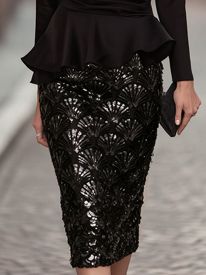 Satin Peplum Top And Sequin Fan Pattern Midi Skirt Two-Piece Set