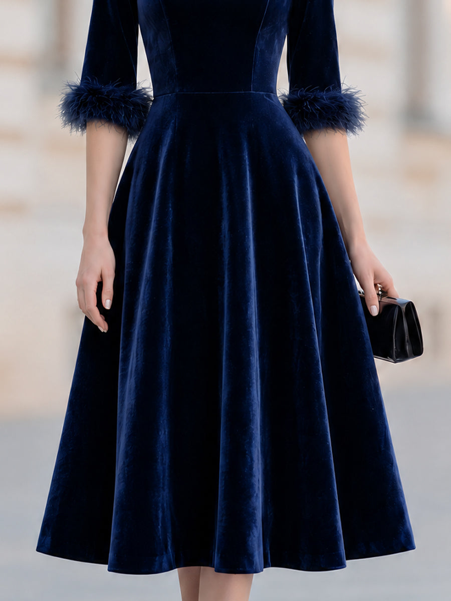 Velvet Round Neck Feather Cuff Fit And Flare Midi Dress