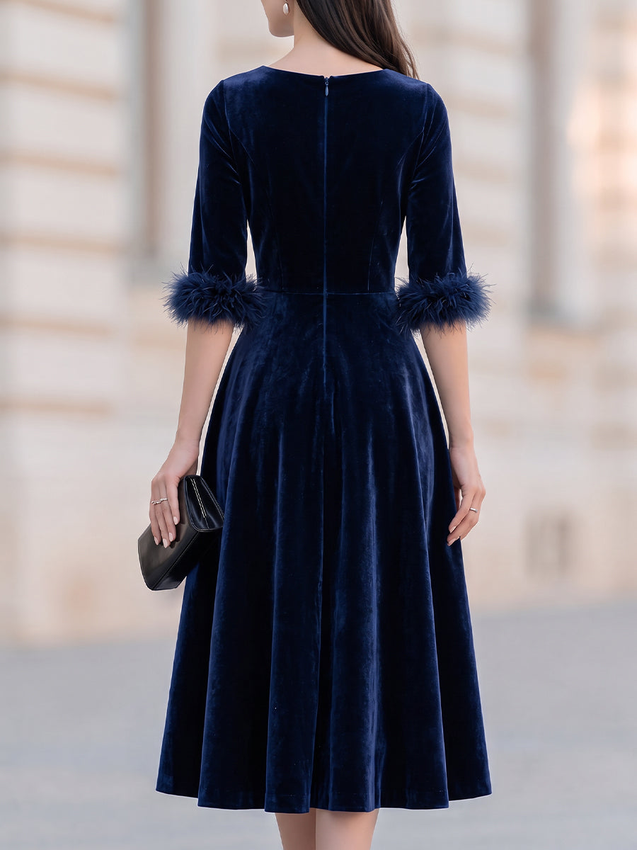 Velvet Round Neck Feather Cuff Fit And Flare Midi Dress