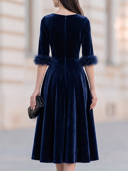 Velvet Round Neck Feather Cuff Fit And Flare Midi Dress