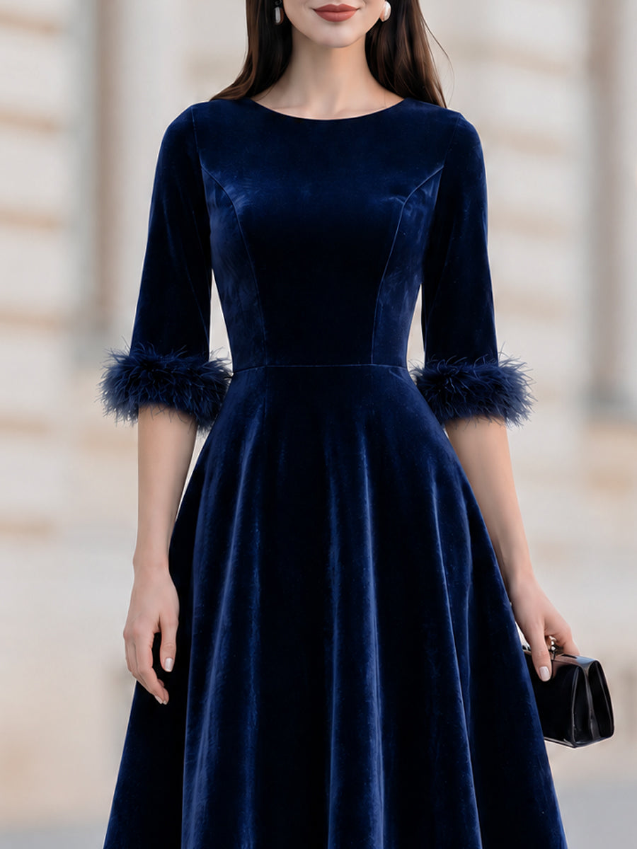 Velvet Round Neck Feather Cuff Fit And Flare Midi Dress