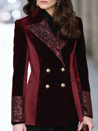 Burgundy Velvet Double-Breasted Blazer with Sequin Lapels and Cuffs