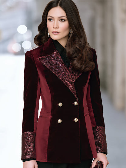 Burgundy Velvet Double-Breasted Blazer with Sequin Lapels and Cuffs
