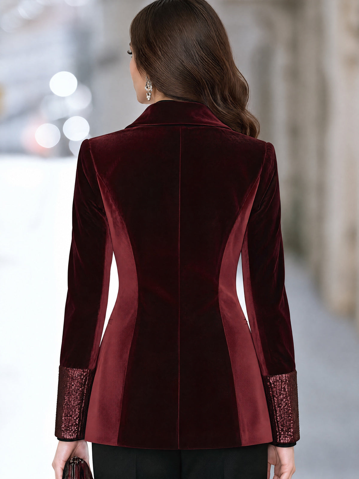 Burgundy Velvet Double-Breasted Blazer with Sequin Lapels and Cuffs