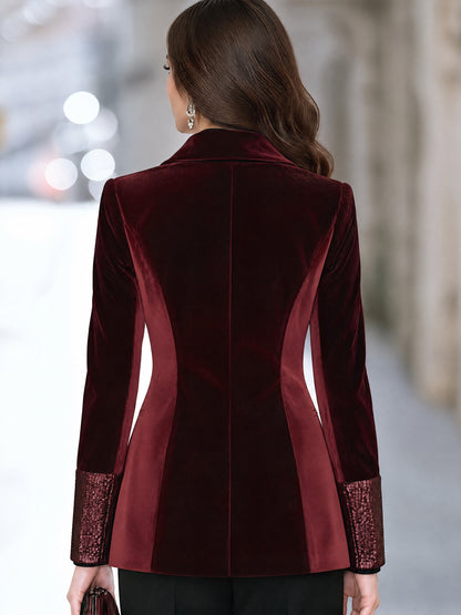 Burgundy Velvet Double-Breasted Blazer with Sequin Lapels and Cuffs