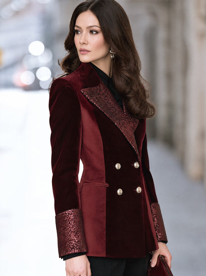 Burgundy Velvet Double-Breasted Blazer with Sequin Lapels and Cuffs