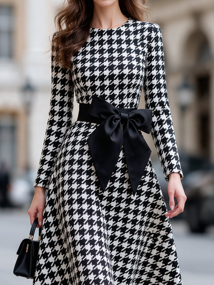 Houndstooth Bow Waist A-Line Midi Dress
