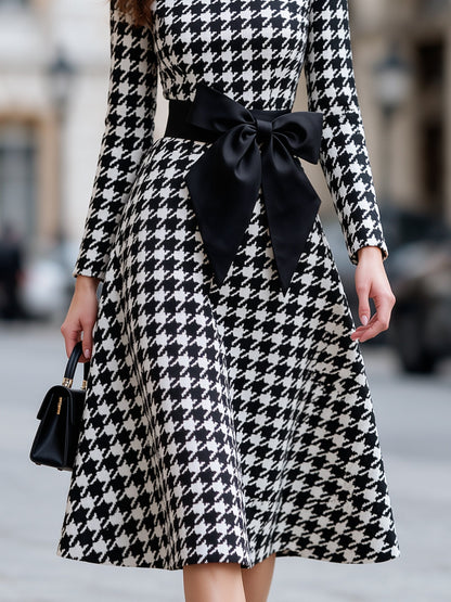Houndstooth Bow Waist A-Line Midi Dress