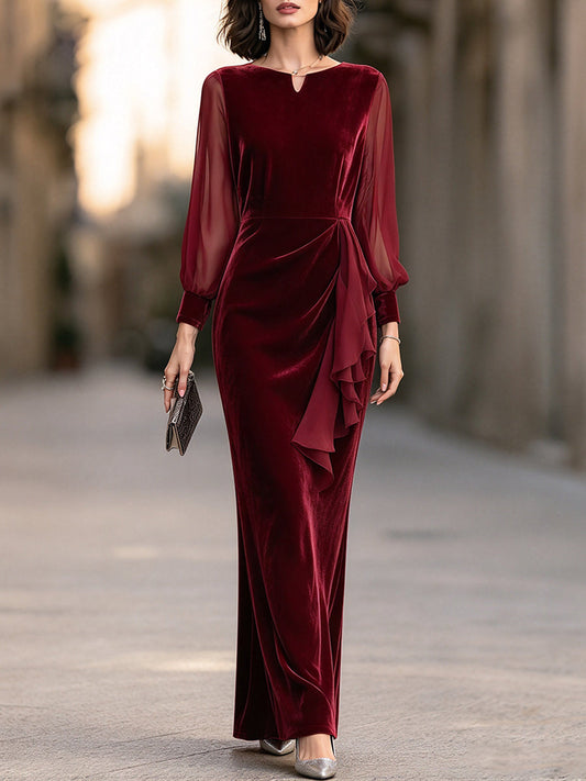 Keyhole Velvet Maxi Dress With Sheer Bishop Sleeves And Cascading Side Ruffle