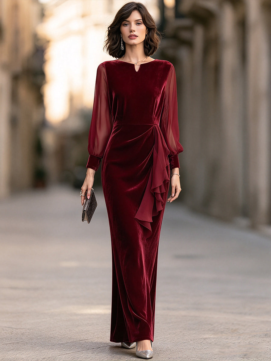 Keyhole Velvet Maxi Dress With Sheer Bishop Sleeves And Cascading Side Ruffle