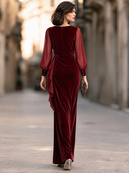 Keyhole Velvet Maxi Dress With Sheer Bishop Sleeves And Cascading Side Ruffle