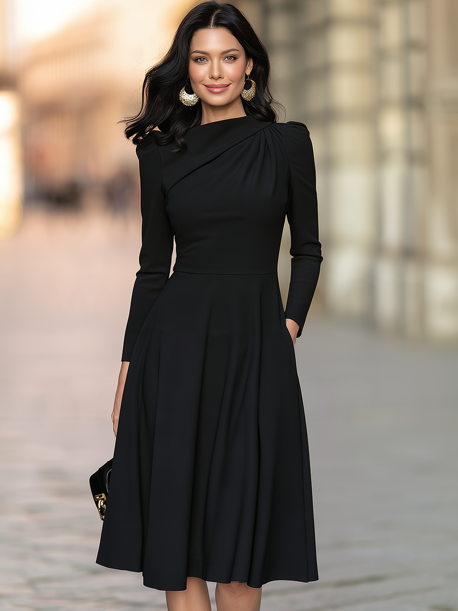 Asymmetric Draped Neck Midi Dress With Puff Shoulders And Flared Skirt