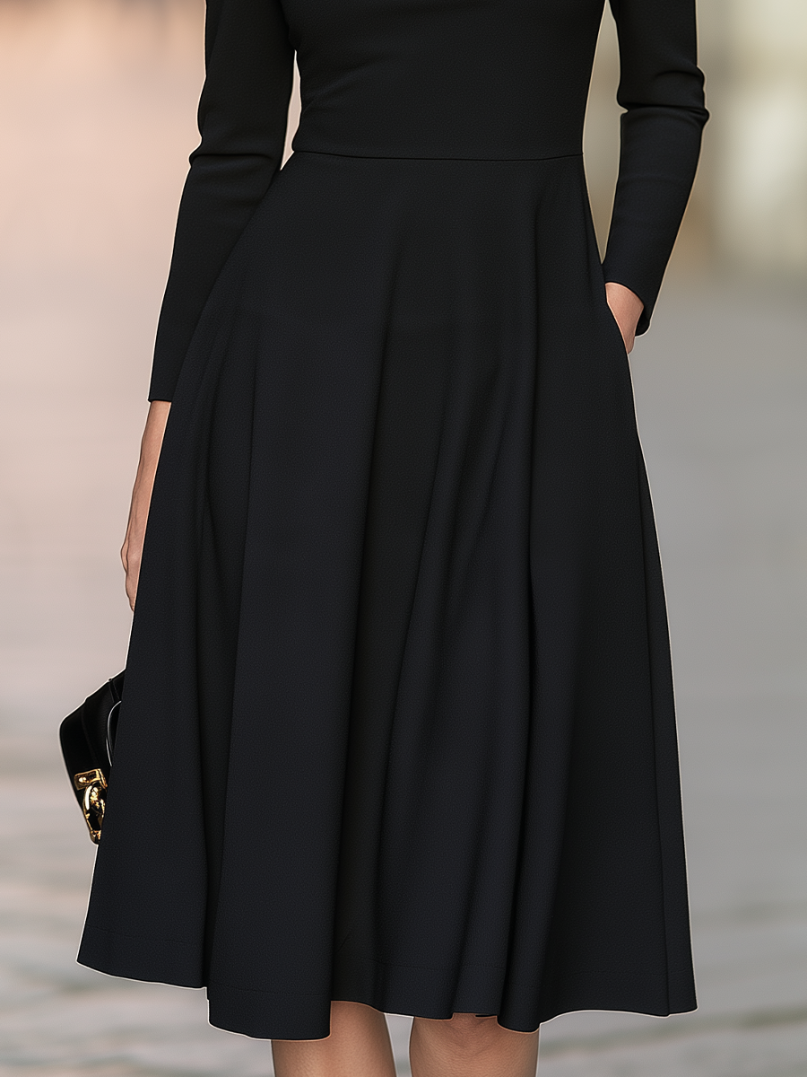 Asymmetric Draped Neck Midi Dress With Puff Shoulders And Flared Skirt