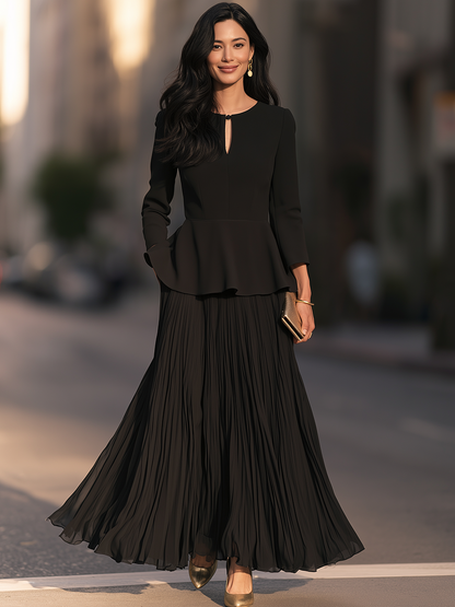 Keyhole Neck Peplum Maxi Dress With Pleated Skirt