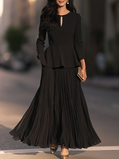 Keyhole Neck Peplum Maxi Dress With Pleated Skirt