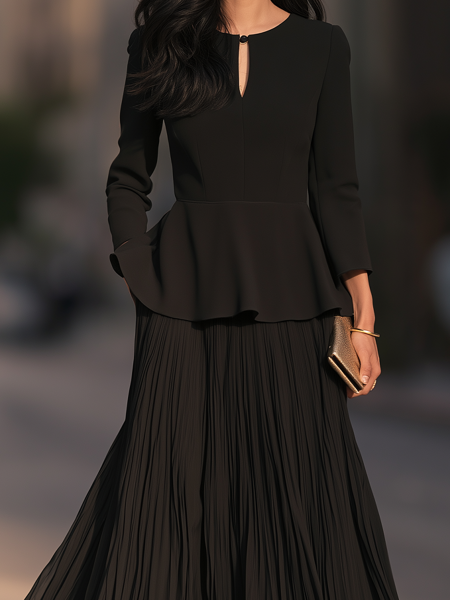 Keyhole Neck Peplum Maxi Dress With Pleated Skirt