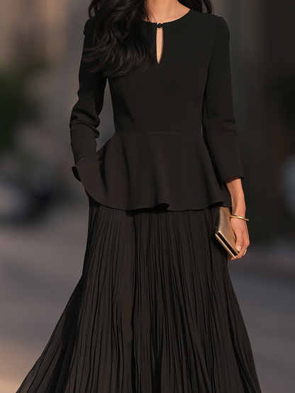 Keyhole Neck Peplum Maxi Dress With Pleated Skirt