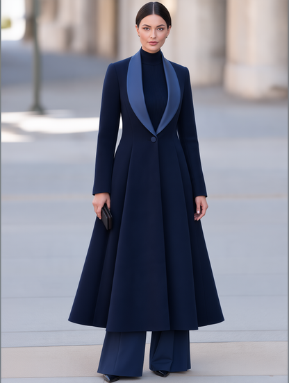 Three-Piece Set: Long Navy Coat Ribbed Turtleneck And Wide-Leg Trousers