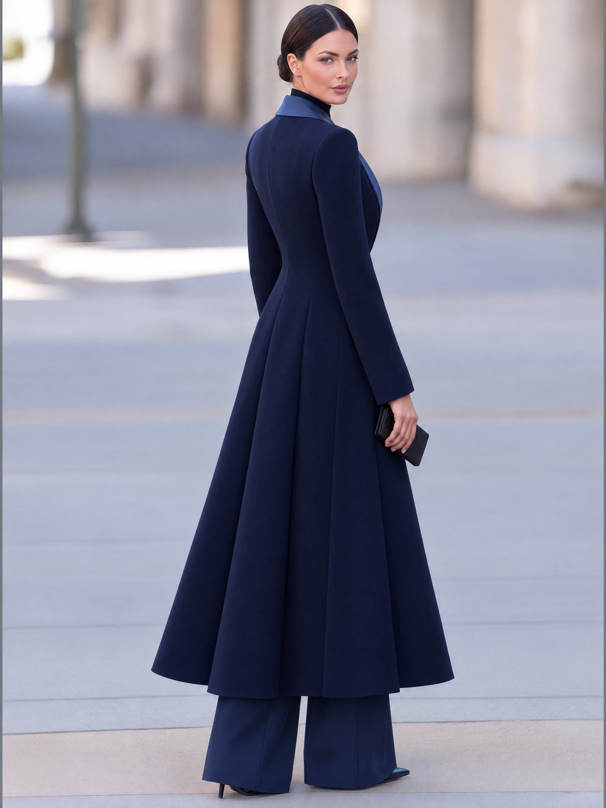 Three-Piece Set: Long Navy Coat Ribbed Turtleneck And Wide-Leg Trousers