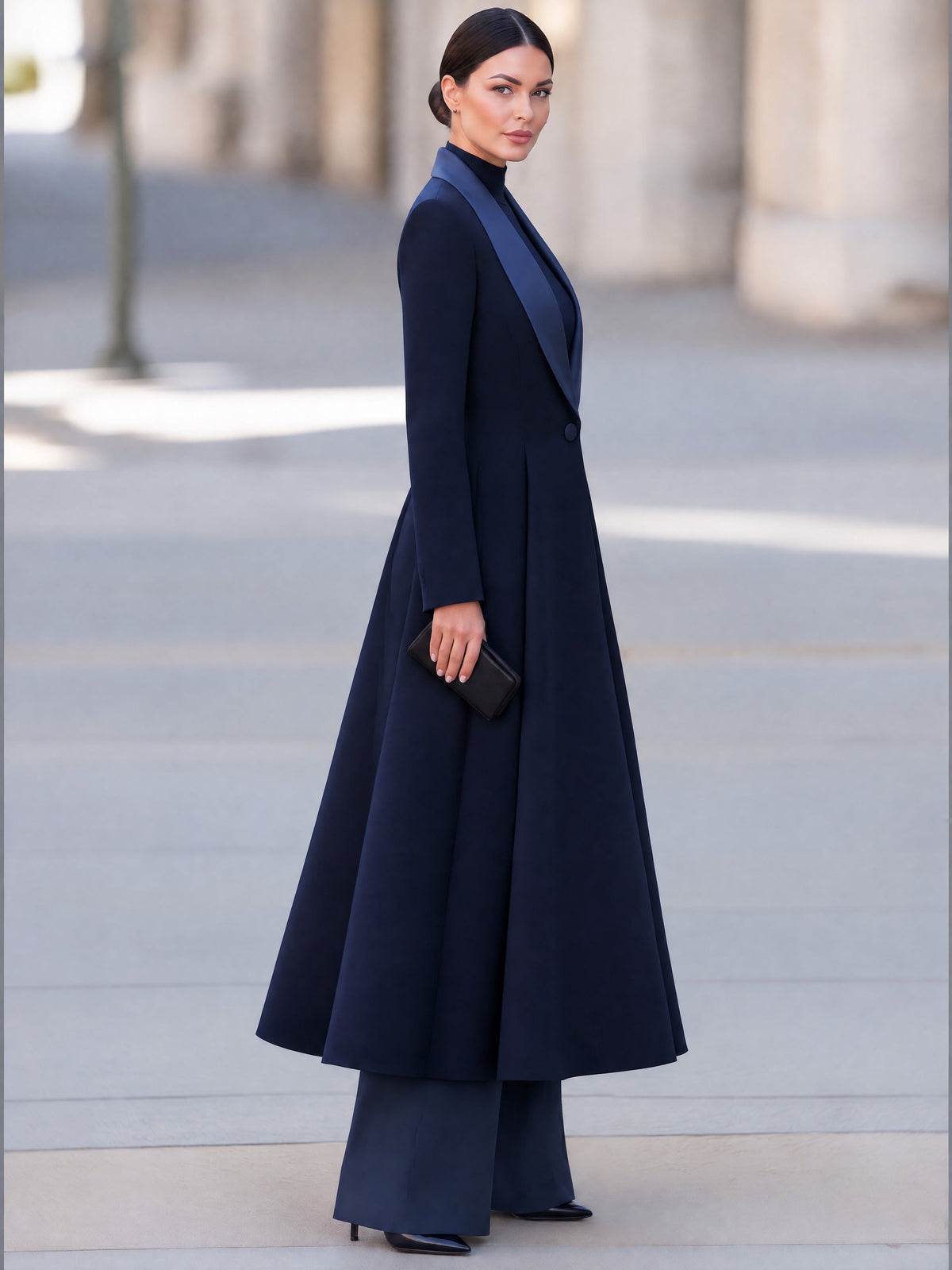 Three-Piece Set: Long Navy Coat Ribbed Turtleneck And Wide-Leg Trousers