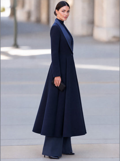 Three-Piece Set: Long Navy Coat Ribbed Turtleneck And Wide-Leg Trousers