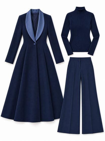 Three-Piece Set: Long Navy Coat Ribbed Turtleneck And Wide-Leg Trousers