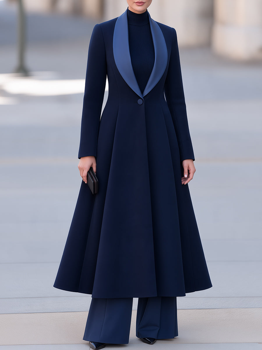 Three-Piece Set: Long Navy Coat Ribbed Turtleneck And Wide-Leg Trousers