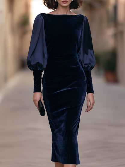 Velvet Boat-Neck Satin Bishop Sleeves Midi Sheath Dress