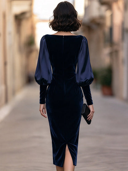 Velvet Boat-Neck Satin Bishop Sleeves Midi Sheath Dress