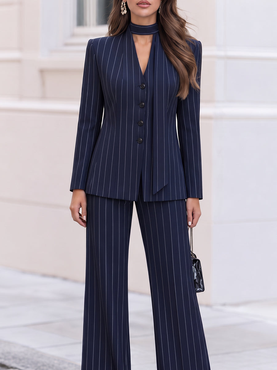 Pinstripe V-Neck Tie Neck Blazer & Wide Leg Pants Co-Ord Set