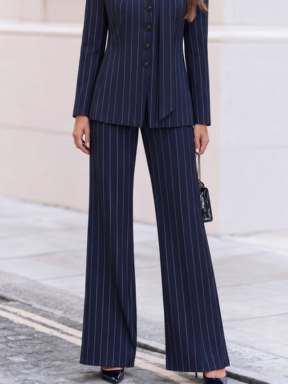 Pinstripe V-Neck Tie Neck Blazer & Wide Leg Pants Co-Ord Set