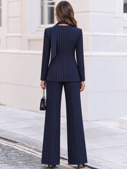 Pinstripe V-Neck Tie Neck Blazer & Wide Leg Pants Co-Ord Set