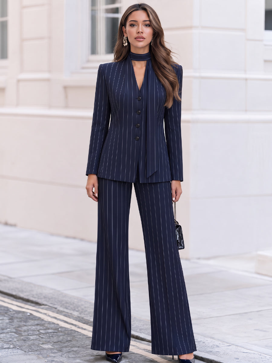 Pinstripe V-Neck Tie Neck Blazer & Wide Leg Pants Co-Ord Set