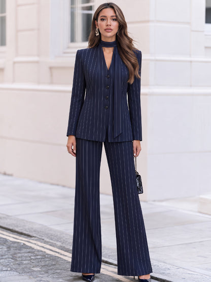 Pinstripe V-Neck Tie Neck Blazer & Wide Leg Pants Co-Ord Set