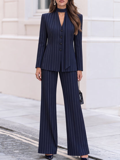 Pinstripe V-Neck Tie Neck Blazer & Wide Leg Pants Co-Ord Set