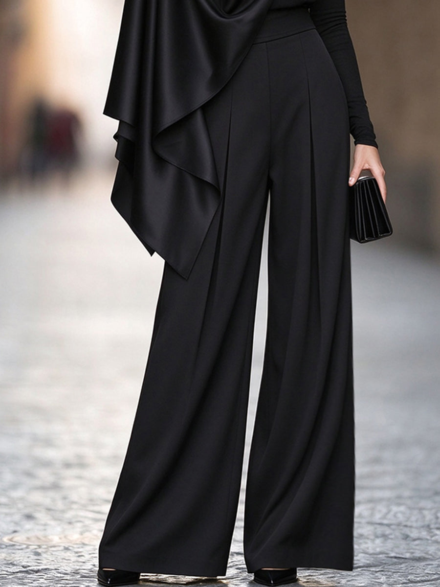 Asymmetric Satin Draped Top And Wide-Leg Trousers Two-Piece Set