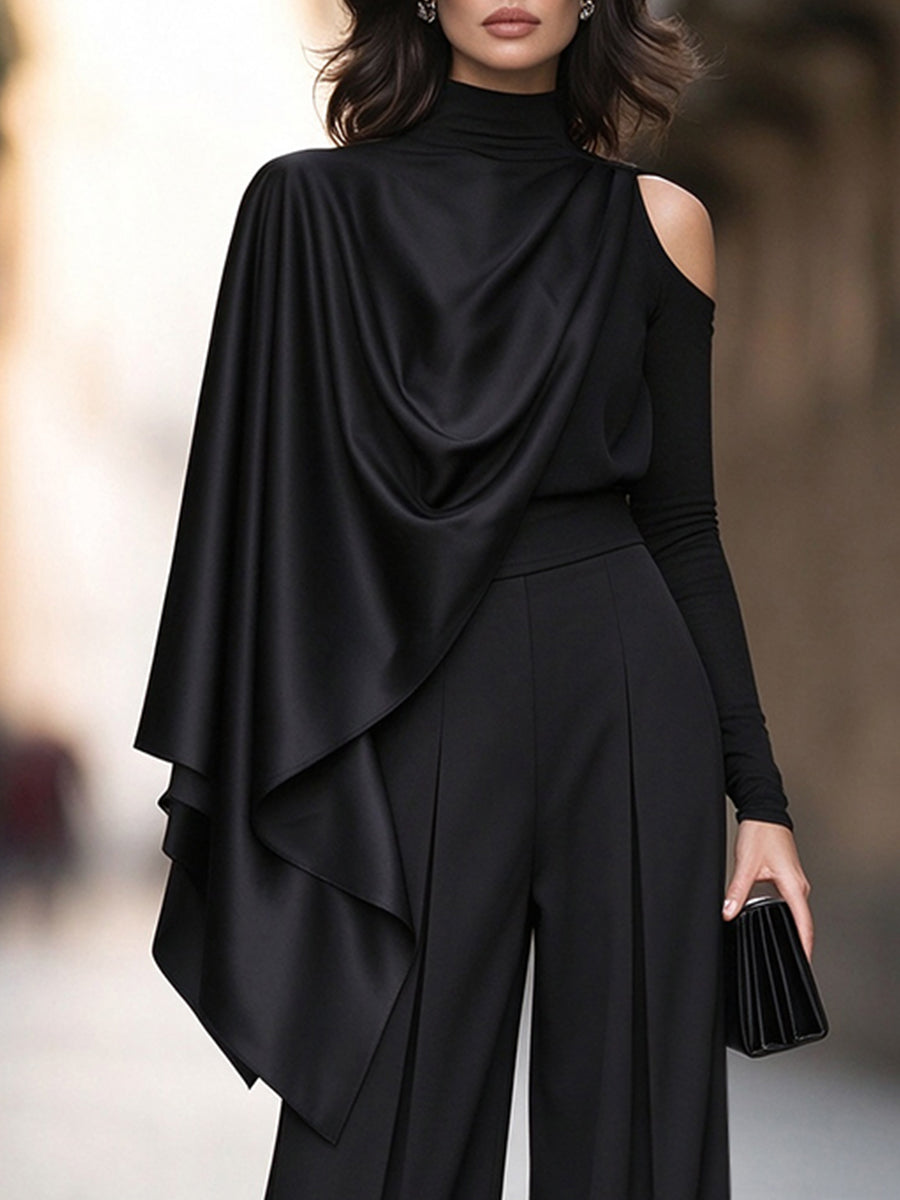 Asymmetric Satin Draped Top And Wide-Leg Trousers Two-Piece Set