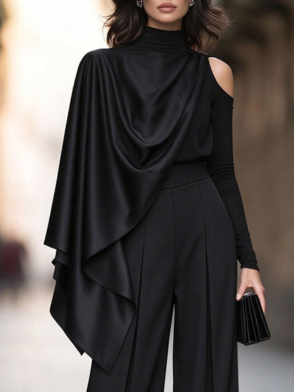 Asymmetric Satin Draped Top And Wide-Leg Trousers Two-Piece Set