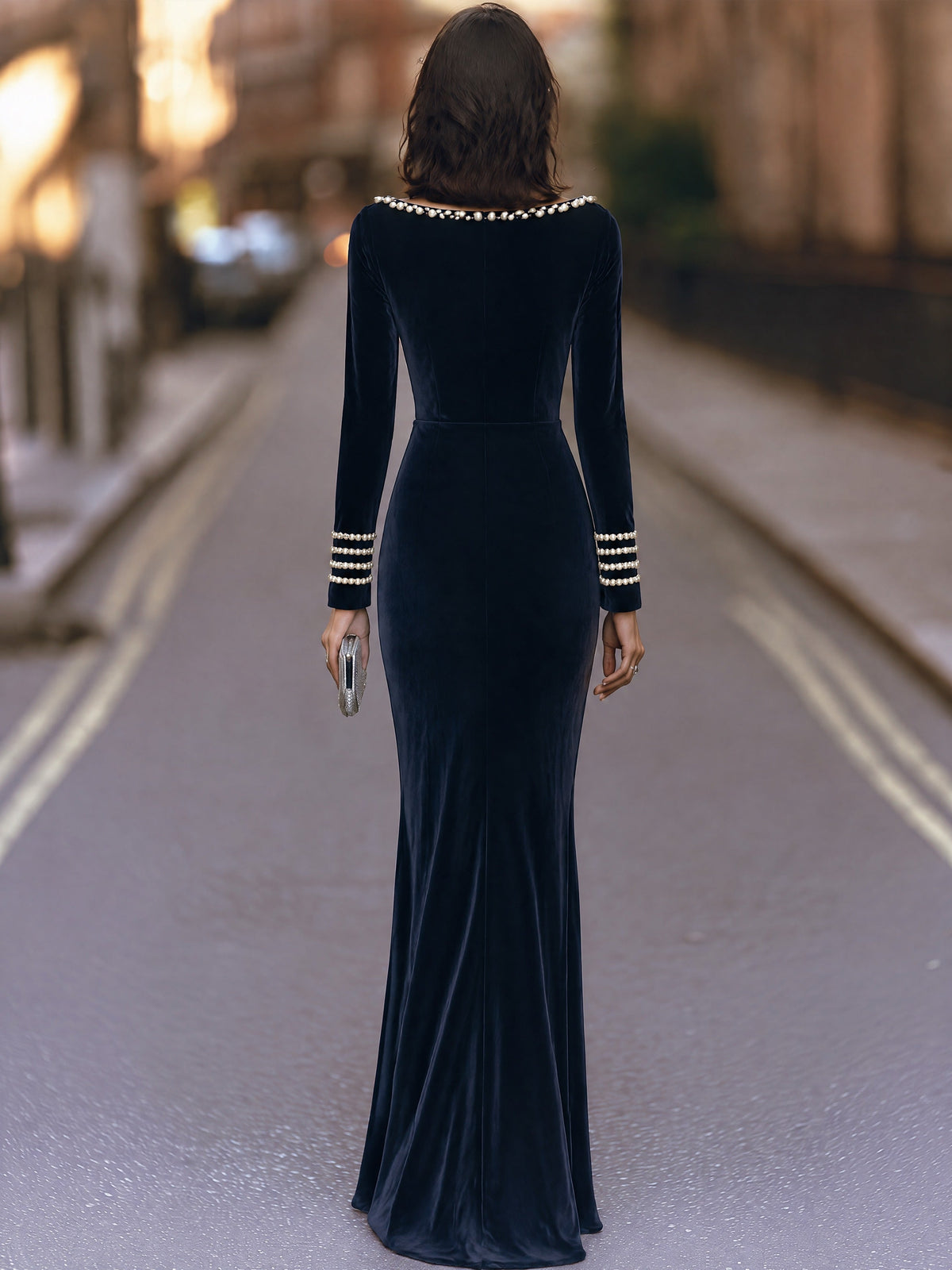 Navy Velvet Pearl-Trim Long Sleeve Maxi Dress with High Slit