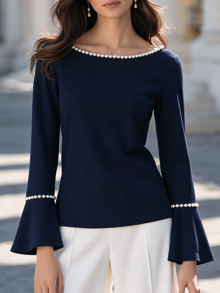 Elegant Pearl Embellished Boat Neck Bell Sleeve Top
